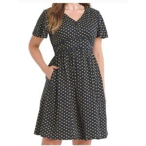 eShakti Dress Womens 2 Fit Flare Short Sleeve Button Front Yellow Crown Print